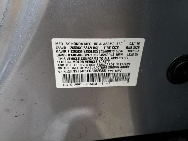 5FNYF6H5XGB069388 - 2016 HONDA PILOT EXL SILVER photo 13