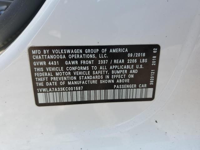1VWLA7A33KC001587 - 2019 VOLKSWAGEN PASSAT WOLFSBURG 白色 照片 12