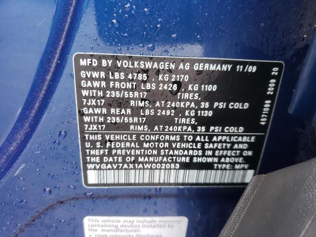 WVGAV7AX1AW002053 - 2010 VOLKSWAGEN TIGUAN S BLUE photo 14