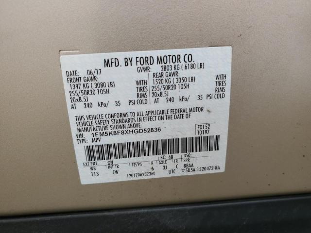 1FM5K8F8XHGD52836 - 2017 FORD EXPLORER LIMITED GOLD photo 13