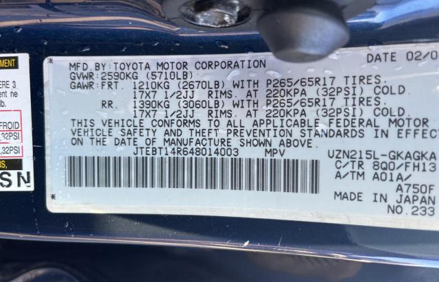 JTEBT14R648014003 - 2004 TOYOTA 4RUNNER SR5 蓝色 照片 10