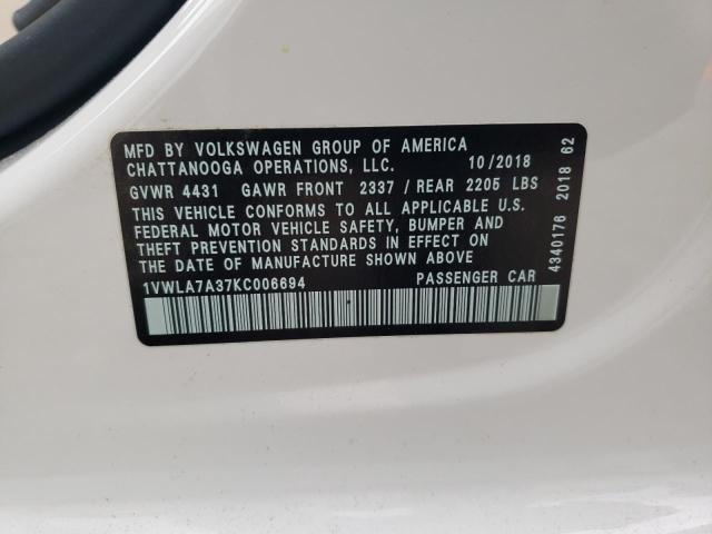 1VWLA7A37KC006694 - 2019 VOLKSWAGEN PASSAT WOLFSBURG WHITE photo 12