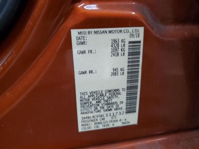 1N4BL4CV5KC111732 - 2019 NISSAN ALTIMA SR Қызғылт сары фото 12