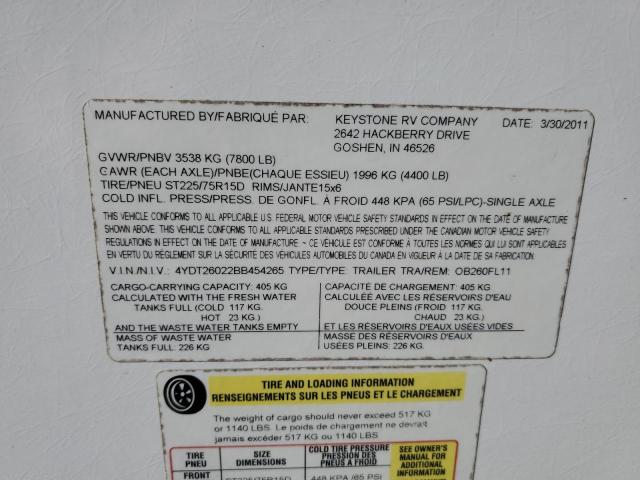 4YDT26022BB454265 - 2011 KEYSTONE OUTBACK WHITE photo 10