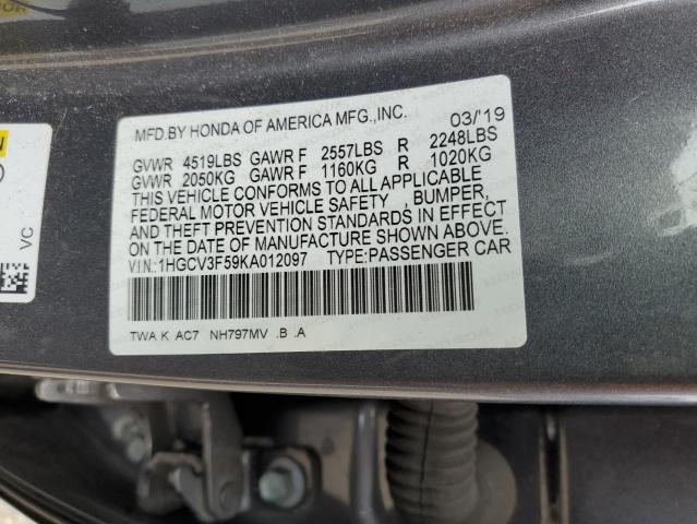 1HGCV3F59KA012097 - 2019 HONDA ACCORD HYBRID EXL GRAY photo 12