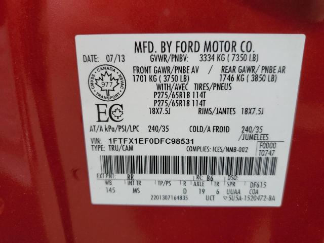 1FTFX1EF0DFC98531 - 2013 FORD F150 SUPER CAB RED photo 12