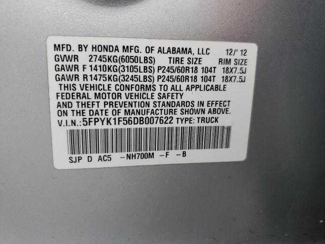 5FPYK1F56DB007622 - 2013 HONDA RIDGELINE RTL SILVER photo 12