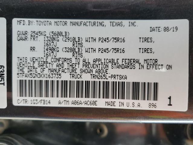 5TFAX5GN3KX163735 - 2019 TOYOTA TACOMA DOUBLE CAB 灰色 照片 12