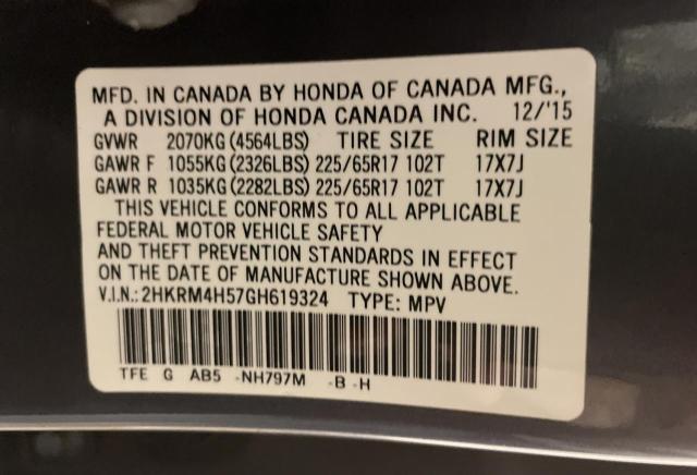 2HKRM4H57GH619324 - 2016 HONDA CR-V EX GRAY photo 10