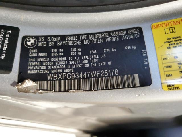 WBXPC93447WF25178 - 2007 BMW X3 3.0SI SILVER photo 12