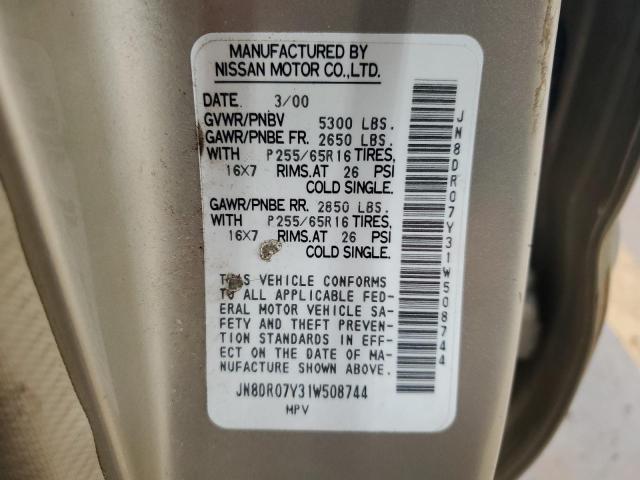 JN8DR07Y31W508744 - 2001 NISSAN PATHFINDER LE ოქროსფერი ფოტო 13