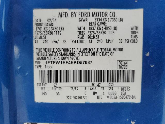 1FTFW1EF4EKD57687 - 2014 FORD F150 SUPERCREW BLUE photo 13