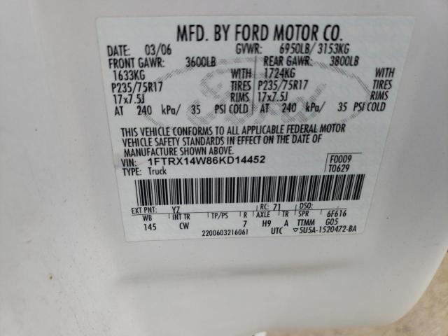 1FTRX14W86KD14452 - 2006 FORD F150 WHITE photo 12