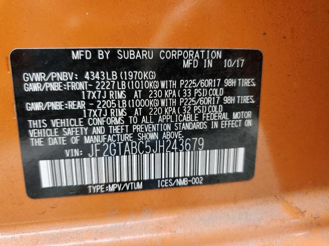 JF2GTABC5JH243679 - 2018 SUBARU CROSSTREK PREMIUM 橙色 照片 12