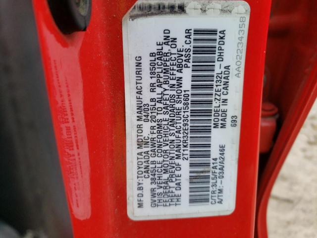 2T1KR32E93C158601 - 2003 TOYOTA COROLLA MA XR RED photo 12