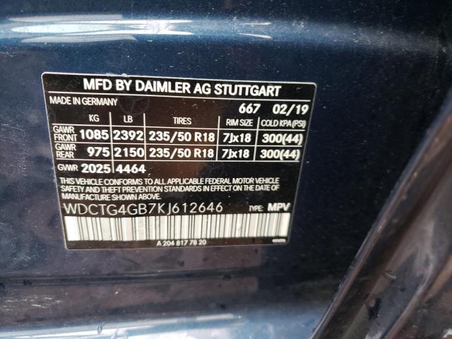 WDCTG4GB7KJ612646 - 2019 MERCEDES-BENZ GLA 250 4MATIC BLUE photo 10