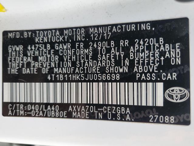 4T1B11HK5JU056698 - 2018 TOYOTA CAMRY L WHITE photo 12