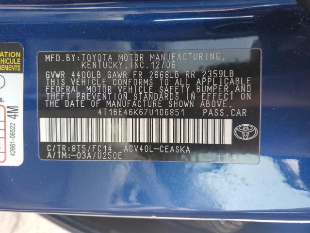 4T1BE46K67U106851 - 2007 TOYOTA CAMRY CE BLUE photo 12