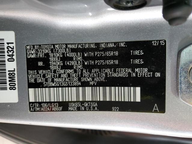 5TDBW5G13GS133894 - 2016 TOYOTA SEQUOIA SR5 SILVER photo 13