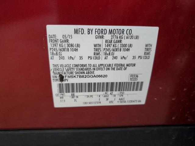 1FM5K7B82GGA06620 - 2016 FORD EXPLORER RED photo 12