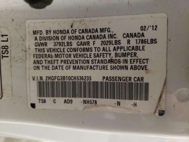 2HGFG3B10CH536235 - 2012 HONDA CIVIC EXL Ağ foto 12