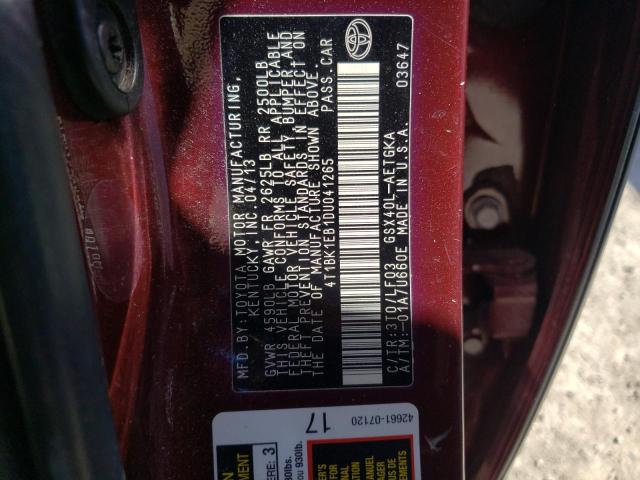 4T1BK1EB1DU041265 - 2013 TOYOTA AVALON BASE 勃艮第红 照片 12