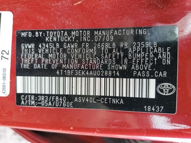 4T1BF3EK4AU028814 - 2010 TOYOTA CAMRY BASE RED photo 13