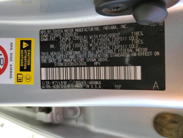 5TDBK3EH3BS043606 - 2011 TOYOTA HIGHLANDER BASE Күміс фото 13