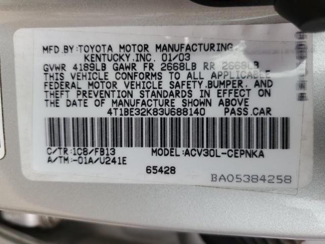 4T1BE32K83U688140 - 2003 TOYOTA CAMRY LE SILVER photo 12