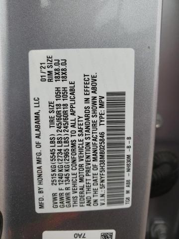 5FNYF5H38MB025846 - 2021 HONDA PILOT EX GRAY photo 13