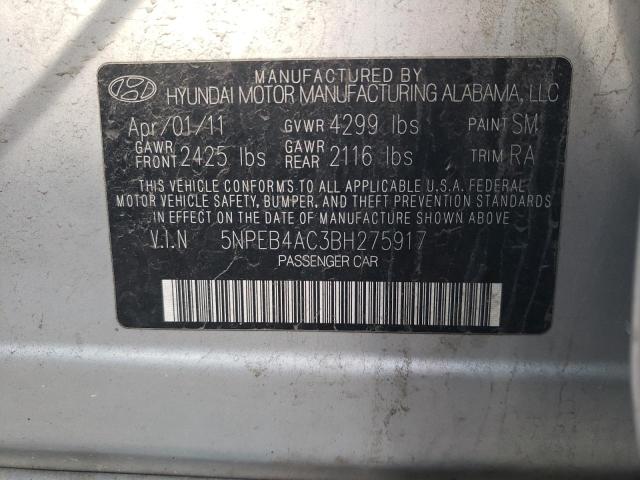 5NPEB4AC3BH275917 - 2011 HYUNDAI SONATA GLS SILVER photo 12