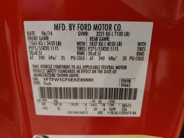 1FTFW1CF0EKE89980 - 2014 FORD F150 SUPERCREW RED photo 12