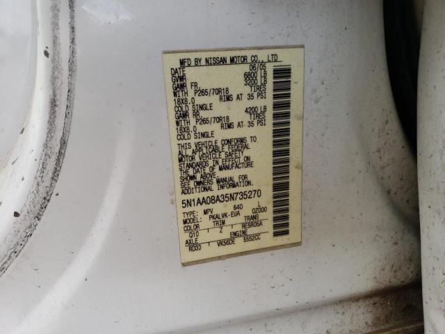 5N1AA08A35N735270 - 2005 NISSAN ARMADA SE WHITE photo 12