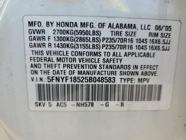 5FNYF18525B048583 - 2005 HONDA PILOT EXL WHITE photo 12