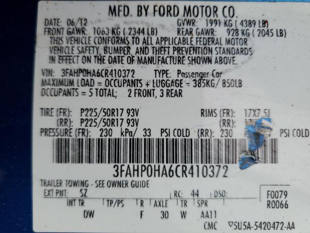 3FAHP0HA6CR410372 - 2012 FORD FUSION SE BLUE photo 12