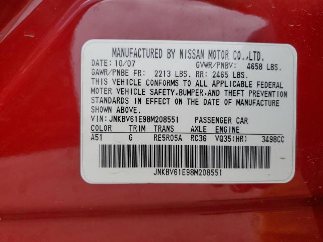 JNKBV61E98M208551 - 2008 INFINITI G35 RED photo 13