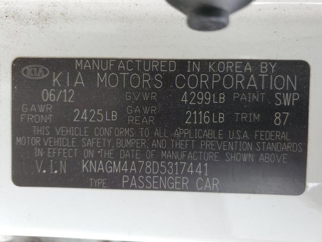 KNAGM4A78D5317441 - 2013 KIA OPTIMA LX WHITE photo 12