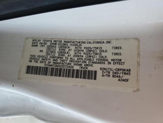 5TEWM72N32Z072426 - 2002 TOYOTA TACOMA XTRACAB WHITE photo 12