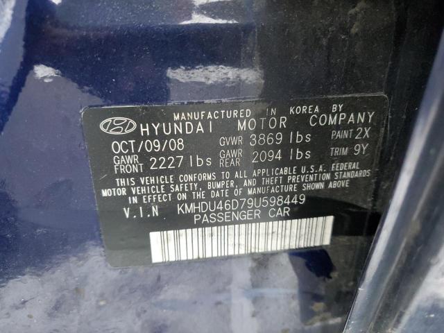 KMHDU46D79U598449 - 2009 HYUNDAI ELANTRA GLS BLUE photo 12