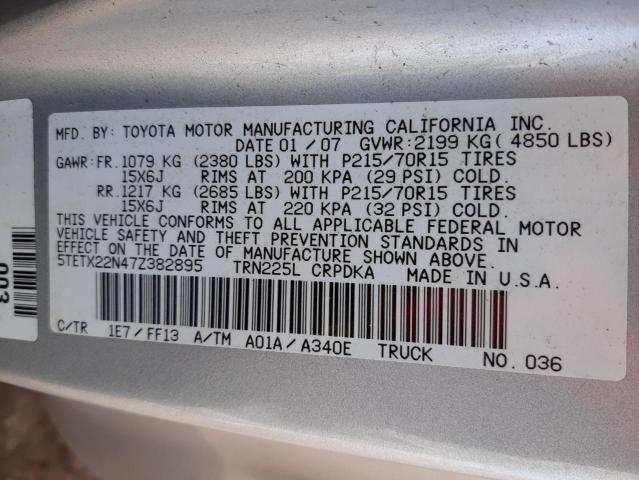 5TETX22N47Z382895 - 2007 TOYOTA TACOMA ACCESS CAB SILVER photo 12