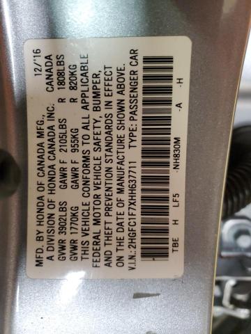 2HGFC1F7XHH637711 - 2017 HONDA CIVIC EXL 银色 照片 12