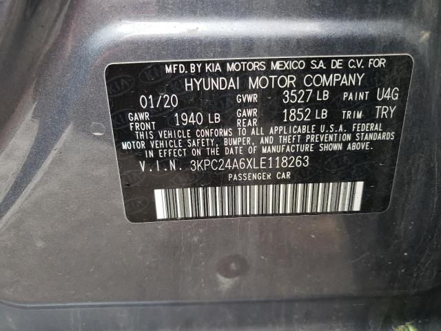 3KPC24A6XLE118263 - 2020 HYUNDAI ACCENT SE GRAY photo 12