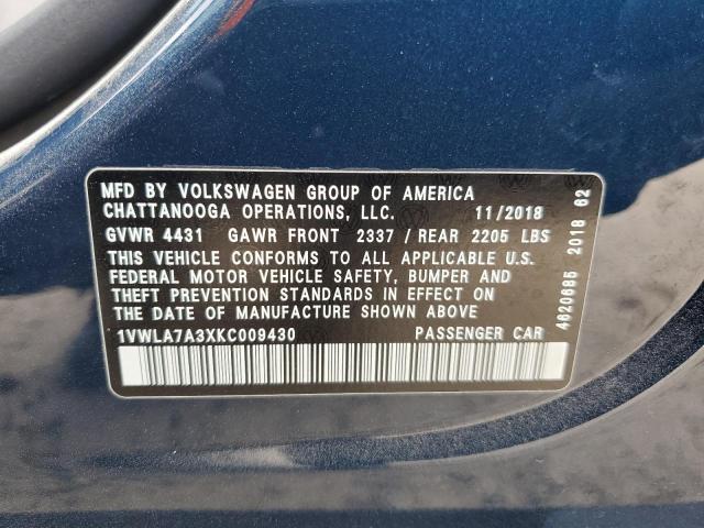 1VWLA7A3XKC009430 - 2019 VOLKSWAGEN PASSAT WOLFSBURG BLUE photo 13