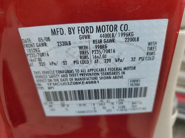 1FMCU03Z08KE49881 - 2008 FORD ESCAPE XLT RED photo 12