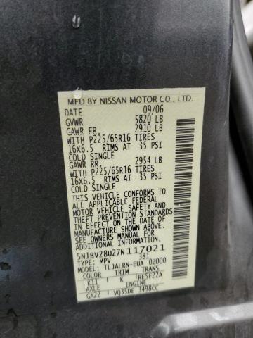 5N1BV28U27N117021 - 2007 NISSAN QUEST S GRAY photo 12