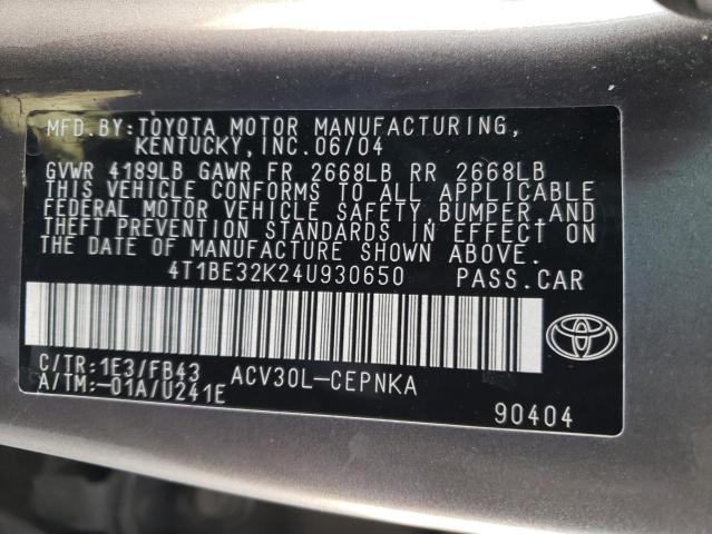 4T1BE32K24U930650 - 2004 TOYOTA CAMRY LE GRAY photo 12