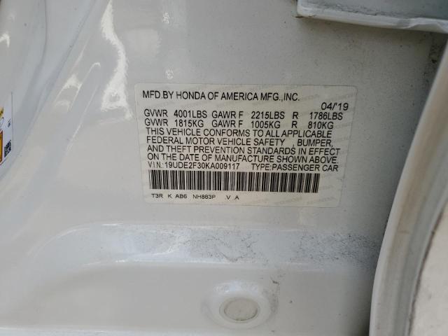 19UDE2F30KA009117 - 2019 ACURA ILX WHITE photo 13