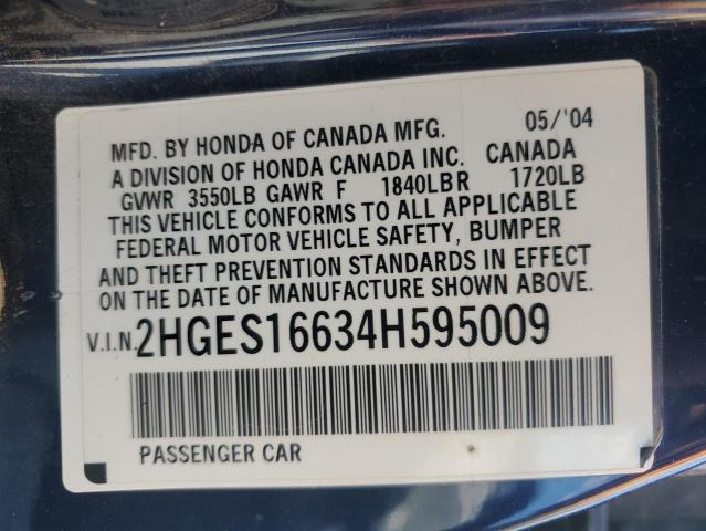 2HGES16634H595009 - 2004 HONDA CIVIC LX BLUE photo 12