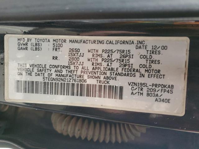 5TEGN92N21Z761806 - 2001 TOYOTA TACOMA DOUBLE CAB PRERUNNER BLACK photo 12