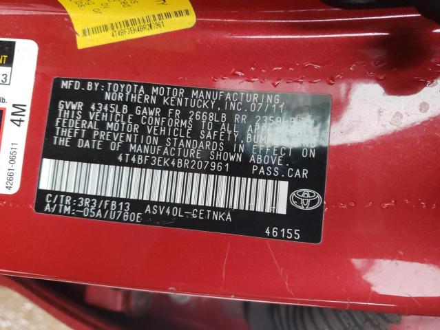 4T4BF3EK4BR207961 - 2011 TOYOTA CAMRY BASE RED photo 12